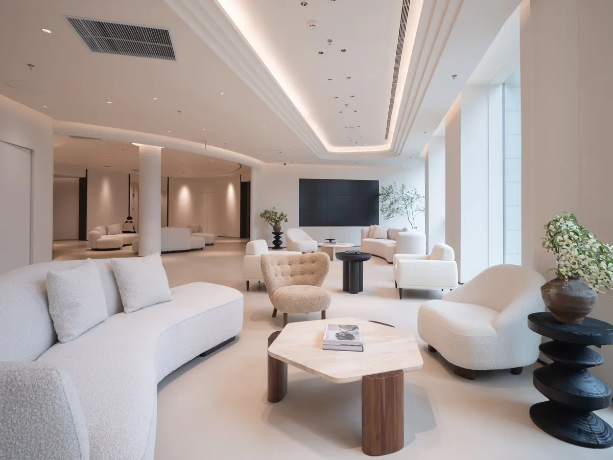 Main client lounge with cream armchairs and sculpted ceiling